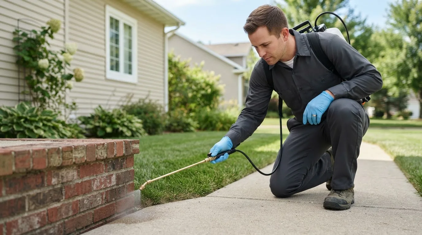 Pest control technician treating a home near Hopkinton, IA