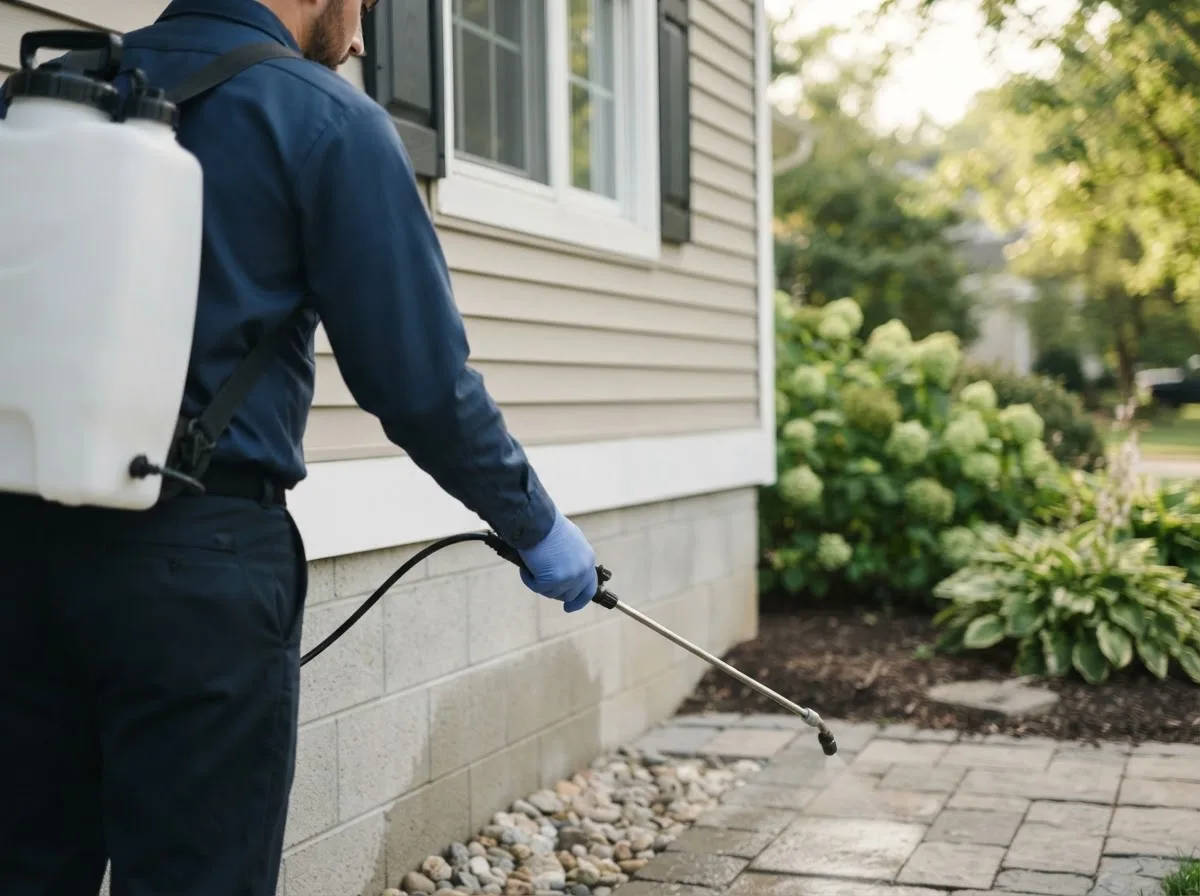 Pest control technician inspecting a home in Hopkinton, IA